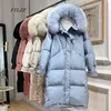 Hiver grande vraie fourrure à capuche veste femmes 90% duvet de canard Long manteau chaud neige Outwear corne bouton lâche Bule Parkas 210430