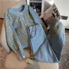 レディースツーピースパンツ高級デザインデニム女性セットスパンコール刺繍ボタンジャケットコート ハイウエストワイドレッグズボンスーツ