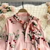 KIMUTOMO Vintage elegante mode sets vrouwen print boog lace up lange mouw blouse + hoge taille gehouden rok 2 stuk 210521