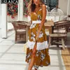 Elegant Women's Dress V-Neck Sling Print Lace Patchwork Maxi Fashion Boho High Waist Thigh Slit Sexy Beach Party 210520