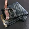 Italiensk stil mode män jeans retro elastisk smal passform rippad broderi designer patchwork vintage casual denim byxor