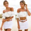 Hot Sell Stylish Spring Summer Women Off Shoulder Ruffles Plain Short Sleeve Off Shoulder Solid Casual Tanks Crop Top Sexy Camis X0507