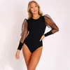 Mesh Feuillure Sleeve Body Elegant Body Tops Femmes Manches longues Solide Bodycon Sexy BodySuits Sexy Combinaison Vintage Club Corps Femme Y0927