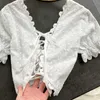 Deat vrouwen Puff Sleeve Lace Edge Open Achter Terug veelzijdig shirt V-Neck Cross Lace Fashion Spring Summer 11B355 210709