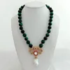 18 "12 mm Green Tiger Eye Round Collier White Keshi Pearl CZ Pave Gold Colr Collier pendentif plaqué pour les femmes