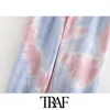 Traf Women Chic Fashion Tie-Dyed Print Joging Pants Vintage High Elastic Waist Drawstring女性足首ズボンMujer 210415