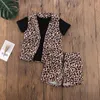 1-6y verão criança criança meninas leopard roupas definir preto camiseta waistcoat shorts outfits chidlren trajes 210515