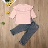 Autumn Toddler Baby Girl Clothes Sets Solid Color Cotton Ruffle Tops Denim Long Pants 2Pcs Outfits