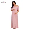 Maternity långa klänning kvinnor ruffle stretchy ärmlös maxi klänning av axel graviditet kläder mamma baby shower gravid klänning y0924
