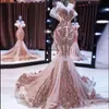 2022 Meerjungfrau Abendkleider funkelndes Pailletten Rose Pink Vestidos Prom Kleid Schnüre -up -Sweep -Zug rotes Teppich Partykleid