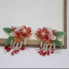 Barrettes à cheveux avec pompon rouge, épingle à cheveux en forme de fleur, Hanfu, coiffure traditionnelle pour femmes, faite à la main