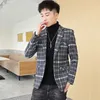 Koreanska män blazers plaid bröllop business blazer slim maskuline gata bär social avslappnad klänning kappa tuxedo party kläder 210527