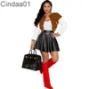 Women Tracksuits Two Piece Set Designer Splicing Baseball Uniform Suit Jacket Crimped Pleated Leather Short Skirt Suit 5 Colours