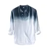 Men's Gradient Print Stand Collar Long Sleeve Shirt Blue Black Full Linen Summer Casual Shirts Men Breathable For 2022