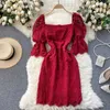 Chic design vestido de renda mulheres moda verão slow sleeve colar quadrado vintage azul branco vermelho festa elegante vestidos 210603