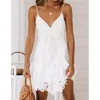 Summer Women Mini Party Sexy Spaghetti Strap White Lace Tunic Beach Dress 210415
