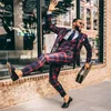 3 Piece Men Suits Red And Navy British Plaid Wedding Tuxedos Modern Design Casual Customized Fit Party Wear Handsome Formal Coat P2546