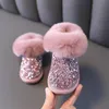 First Walkers 2021 Fashion Winter Children Snow Boots Rhinestone Warm Plush Zip Ankle Princess Little Girls Toddler Baby Shoes