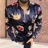 Men's Casual Shirts Fashion Crown Print Men Shirt Turn-down Collar Smooth Long Sleeve Buttons Slim Streetwear3017