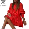 Vrouwen jurk stand kraag lantaarn mouw bohemian es ruches losse casual mini grote zoom strand es zomer 210513