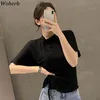 Shirts for Women Vintage Drawstring Tshirts Ropa Mujer Half Turtleneck Knitted Tees Summer Thin Tops Female 95666 210519