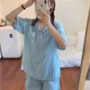 Casual Algodão Striped Breve Pijama Dois Pedaço Ternos Elegantes Sleepwear Mulheres Femme Home Chic Soltos Soltos 210525