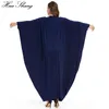 Casual Dresses Plus Size Muslim Dress Batwing Sleeve Loose Oversized Abaya Kaftan Islamic Women Clothing Navy Blue Dubai Maxi Long