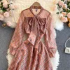 Print Full Slim V Neck Tie Puff Sleeves Waist A-Line Dress for Women 210615