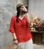 Blusas de mujer, camisas de estilo étnico, camisa de lino bordada, jerséis de manga corta con cuello en V, blusa informal para mujer, Tops 2021