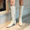 Meotina Med Hew Knee High Boots Woman Boots Pleated Chunky Heel Shoes 우편 뾰족한 발가락 롱 부츠 숙녀 가을 베이지 아구 39 210608