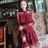 Spring Woman Lace Dress burgundy Retro Long sleeve high Sexy Self party Female clothing Autumn 210603