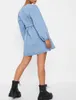 FABPOP Long Puff Sleeve Deep V Neck Slim High Waist Bandage Cardigan Short Mini Shirt Dress Blue Denim Streetwear GB037 210709