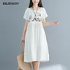 Blommig broderi vit marin midi klänning sommar bomull linne lösa kvinnor strand casual damer kvinnlig vestidos 210520