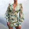 Women Sexy Deep V Neck Floral Print Long Lantern Sleeve Ruched Dress Summer Elegant Female Bodycon Party Dress Vestido 220310