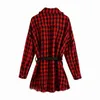 Fashion Sashes Red Tweed Jacket Coat Women Winter Coat Vintage Långärmad Tassel Plaid Kvinna Oversize Outwear 210521