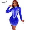 Rhinestone Urodziny Sukienka Sheer Mesh Sheer Sexy See przez Dress Club Bodycon 2021 Czarne Ciasne Mini Dresses Woman Party Night X0521