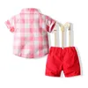 Cute Baby Boys Gentleman Style Clothing Sets Summer Children Short Sleeve Plaid Shirt With Bowtie+Suspender Shorts 2pcs Set Kids Suit Boy Outfits Clothes