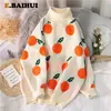EBAIHUI Autumn Winter Sweaters Pullover Cherry Pattern Long Sleeve Women Turtleneck Knitted Jumpers Mujer 211018