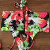 Floral Monokini Swimsuit Cut Out Lace Up Trikini Swim Bathing Suit Women Swimwear Bandage Swimming Costumes Maillot 210712
