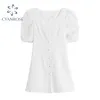 White Hole Crop Dress Women's Square Collar Vintage Elegant Backless Bandage Bownot Dresses Puff Short Sleeve Slim Rok Vestidos 210417
