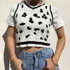 Casual Black White Milk Cow Print Striped Crop Knitted Sweater Vest Women V Neck Sleeveless Sweet Pullovers Y2K Top Jumper 210415