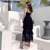 Spaghetti pasek czarny siatka maxi sukienka kobieta lato plaża bez rękawów na szyi długie sukienki kobiece party startowy vestido 210603