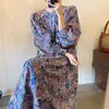 Wiosna Jesień Kobiety Elegancki Rękaw Puff Rękaw Kwiatowy Drukuj Dress Casual Seaside Beach Vintage Bohemia Długie 210423