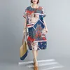 Surdimensionné Femmes Coton Lin Casual Robe Nouvelle Arrivée Été Indie Folk Style Vintage Imprimer Lâche Femme Robes Longues S3574 210412