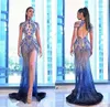 Damenkleid Yousef Aljasmi Abend Stehkragen Blaue Perlen Kristalle Geteilte Quaste Langes Kleid Labourjoisie Kim Kardashian Kylie Jenner