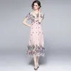 夏のファッション滑走路ミディドレスの半袖メッシュ花刺繍レースvestidos 210531