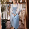 Spring Long Women Dress White Patchwork Blue Floral Embroidery Girls Dresses Chiffon Fake Set Mid-Calf Preppy Style 210603