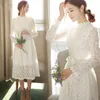 COIGARSAM Yeni Bahar Sonbahar Beyaz Elbise Yay Kol Dantel Uzun Elbiseler Giysileri Tam Kadınlar için 2019 Y1006