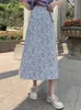 Pleated Floral Skirts Women Elegant Summer Soft Chiffon High Waist Ladies Long Skirt All-match Holiday Lovely Fresh Girls 210529