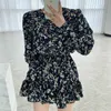 韓国の花のドレス女性の服ビンテージグリーンプリントシックな獣医スリムウエストOネックミニドレス女性春服210603